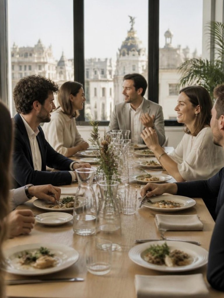 Almuerzo de trabajo en una oficina moderna de Madrid