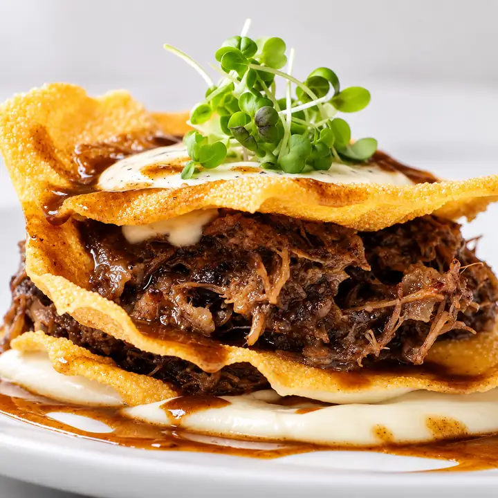 Plato de carne guisada con crujiente y puré, de Grupo Nazabal